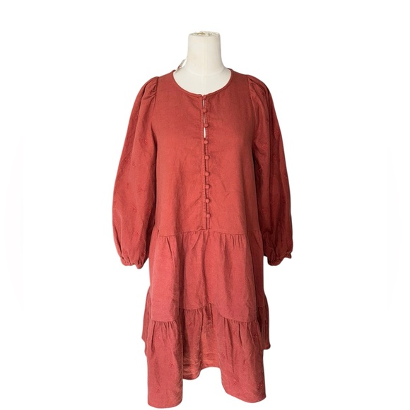 Madewell Rust Flannel Button-Front Tiered Dress • Boho Cottagecore Long Sleeve - Picture 3 of 8